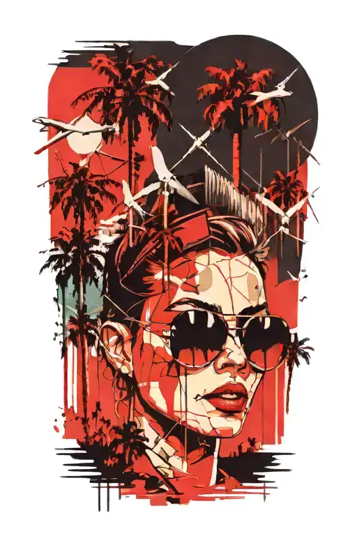 woman with aviator sunglasses, palm trees, windmills from Palm Springs CA and skyline tattoo design idea