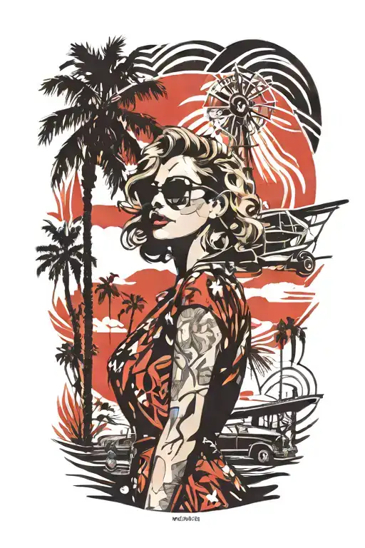 Palm Springs CA Skyline, windmills, palm trees, woman with aviators, and wavy hair, black 1937 Chevy coupe tattoo design idea