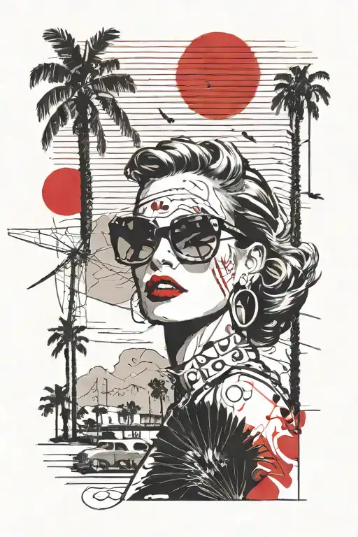 Palm Springs CA Skyline, windmills, palm trees, woman with aviators, black 1937 Chevy coupe tattoo design idea