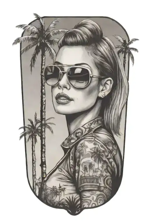 woman with aviator sunglasses, palm trees, windmills from Palm Springs CA and skyline tattoo design idea