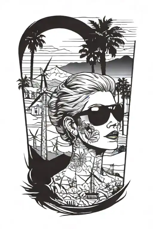 Palm Springs CA Skyline, Palm trees, windmills from Palm Springs CA, a woman with aviator sunglasses tattoo design idea