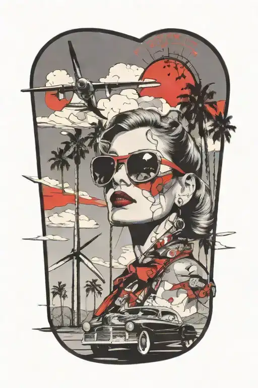 Palm Springs CA skyline, WINDMILLS, plane, woman with aviators and 1937 Chevy coupe tattoo design idea