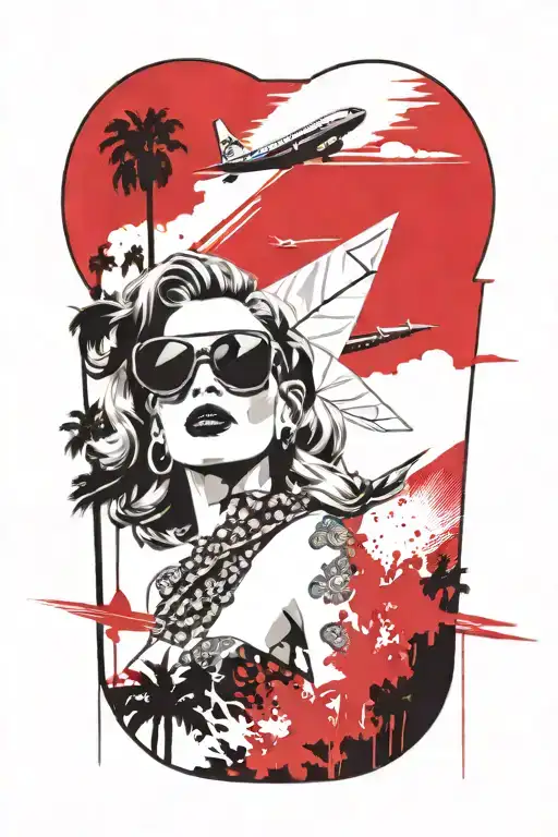 Palm Springs CA skyline with windmillls, palm trees, a plane, a woman with aviators and wavy hair and a 1937 Chevy coupe tattoo design idea