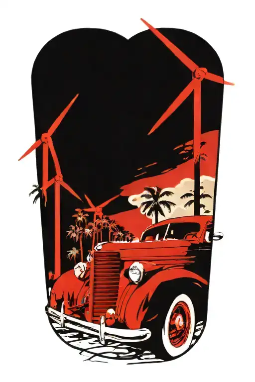  Palm Springs CA Skyline, 1937 Chevy coupe, windmills and palm trees. tattoo design idea