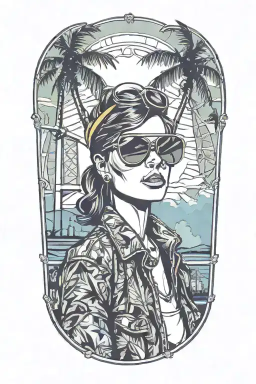 woman with aviator sunglasses, palm trees, windmills from Palm Springs CA and skyline tattoo design idea