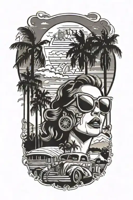 Palm Springs skyline, windmills, plane, palm trees, a 1937 Chevy coupe, woman's face with aviators reflecting tractor tattoo design idea