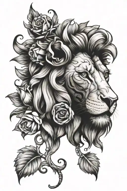 A Tim Burton-inspired lion with a rose in its mouth tattoo design idea