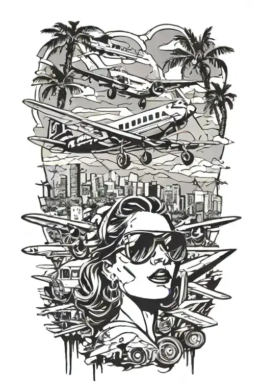 Palm Springs CA skyline, plane, woman with aviators, 1937 Chevy coupe tattoo design idea