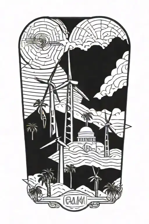 Palm Springs, California skyline with windmills and palm trees and California vibes tattoo design idea
