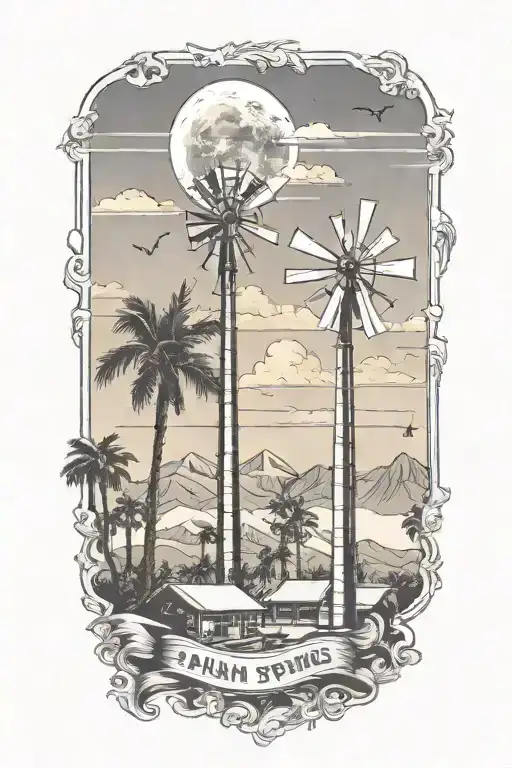 Palm Springs, California skyline with windmills and palm trees and California vibes tattoo design idea