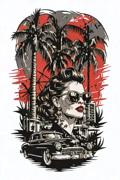Palm Springs CA Skyline, windmills, palm trees, woman with aviators, and wavy hair, black 1937 Chevy coupe tattoo design idea