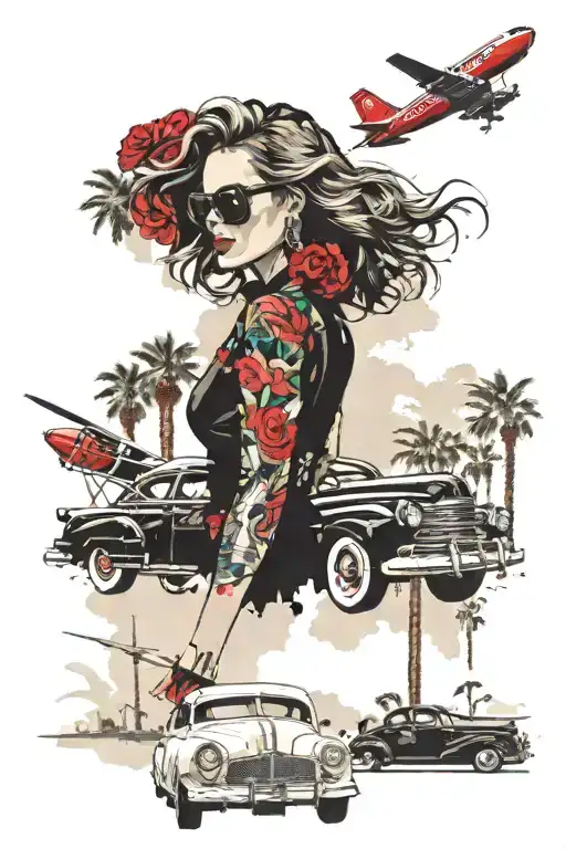 Palm Springs CA skyline, windmillls, palm trees, plane, woman with aviators and wavy hair and a 1937 Chevy coupe, roses  tattoo design idea