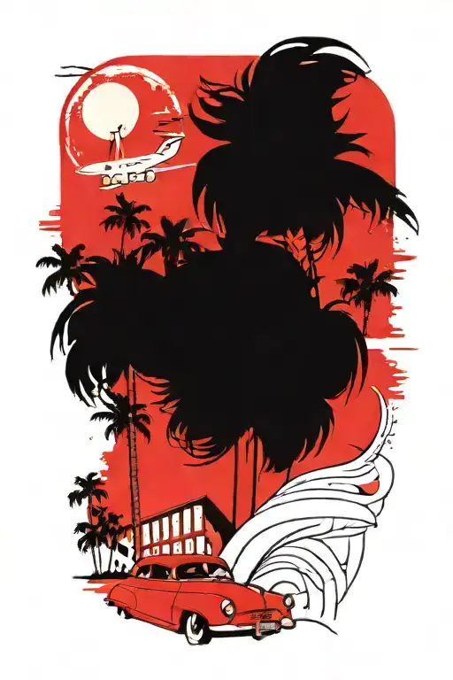 Palm Springs CA skyline with windmillls, palm trees, plane, a woman with aviators and wavy hair and a 1937 Chevy coupe tattoo design idea