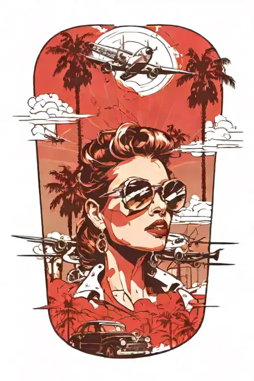 Palm Springs, CA skyline, windmills, plane, palm trees, a 1937 Chevy coupe, woman's face with aviators tattoo design idea