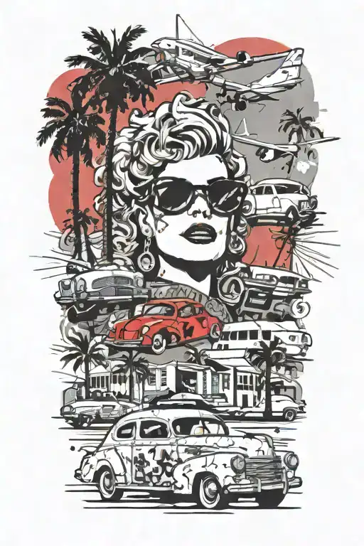  Palm Springs CA Skyline, 1937 Chevy coupe, windmills and palm trees. woman with aviator glasses and wavy hair tattoo design idea