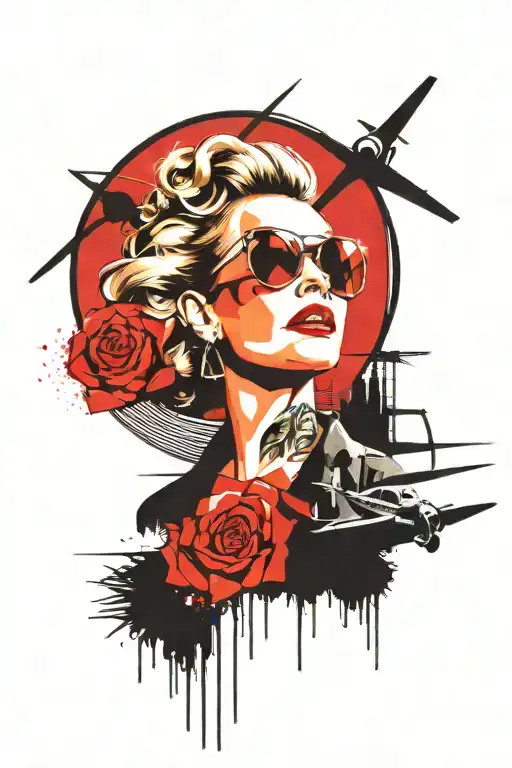 Palm Springs CA skyline, windmillls, palm trees, plane, woman with aviators and wavy hair and a 1937 Chevy coupe, roses  tattoo design idea