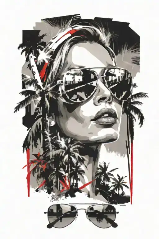 woman with aviator sunglasses, palm trees, windmills from Palm Springs CA and skyline tattoo design idea