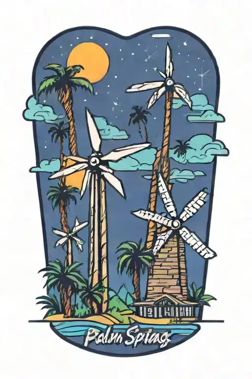 Palm Springs, California skyline with windmills and palm trees and California vibes tattoo design idea
