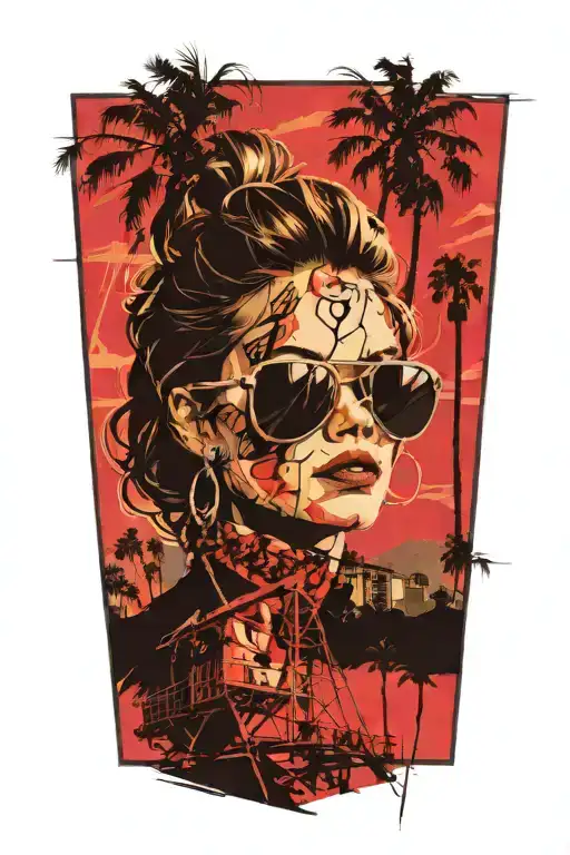 Palm springs ca  skyline. woman with aviators and wavy hair, palm trees, windmills tattoo design idea