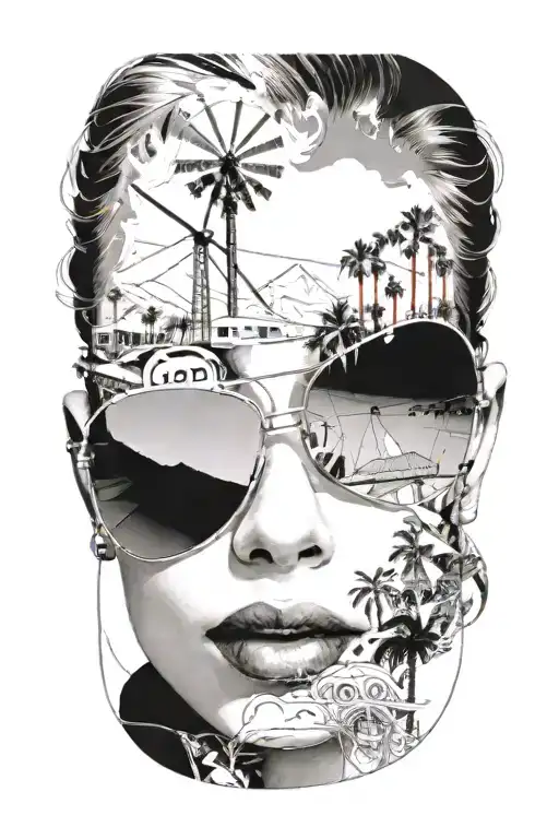 Palm springs ca  skyline. woman with aviators and wavy hair, palm trees, windmills tattoo design idea