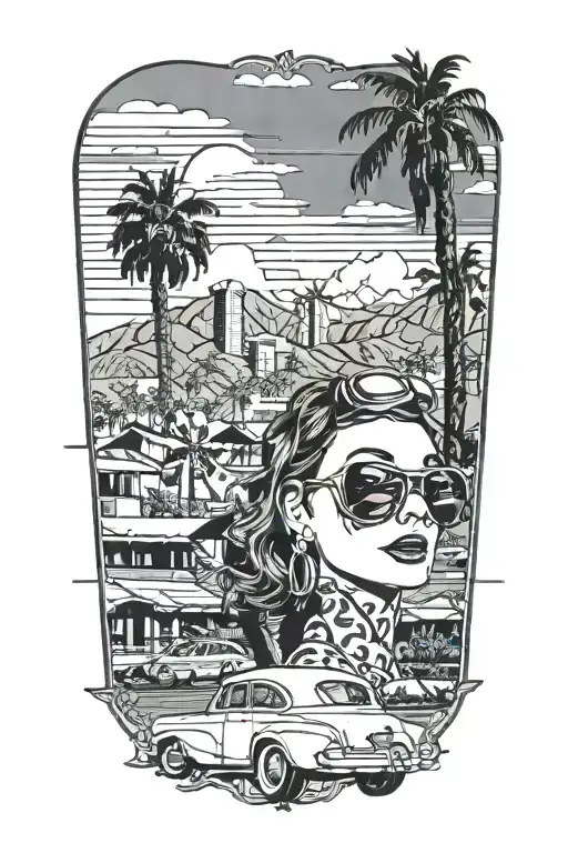 Palm Springs, CA skyline, windmills, plane, palm trees, a 1937 Chevy coupe, woman's face with aviators tattoo design idea
