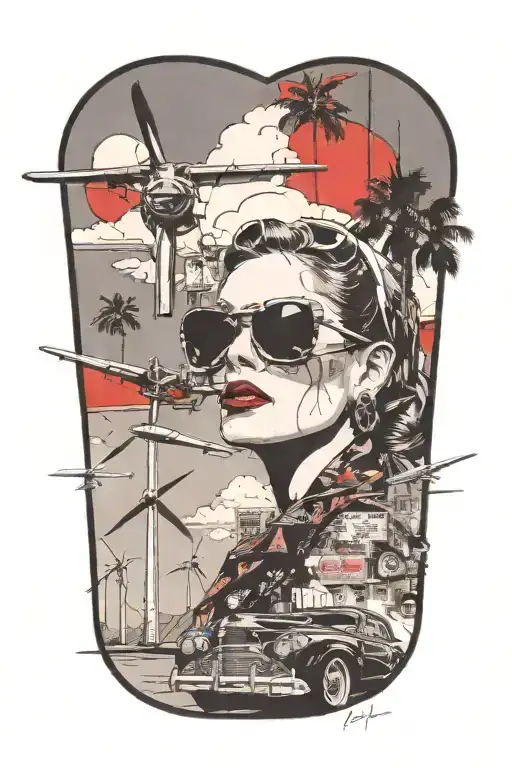 Palm Springs CA skyline, WINDMILLS, plane, woman with aviators and 1937 Chevy coupe tattoo design idea