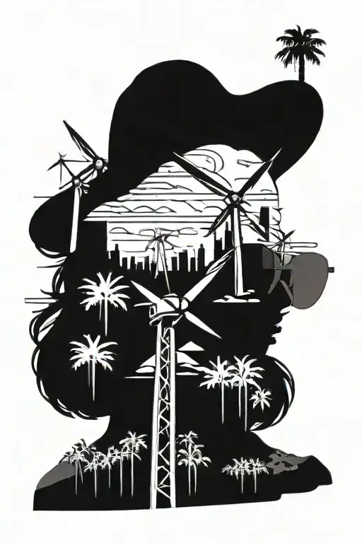 Palm Springs CA Skyline, Palm trees, windmills from Palm Springs CA, a woman with aviator sunglasses tattoo design idea