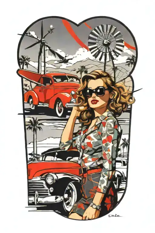 Palm Springs, CA skyline, windmills, plane, palm trees, a 1937 Chevy coupe, beautiful woman with aviators and wavy hair tattoo design idea