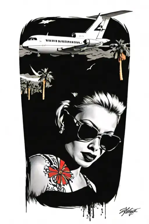 Palm Springs, CA skyline, windmills, plane, palm trees, a 1937 Chevy coupe, beautiful woman with aviators and wavy hair tattoo design idea