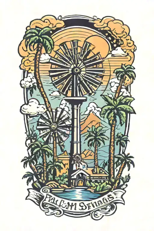 Palm Springs, California skyline with windmills and palm trees and California vibes tattoo design idea