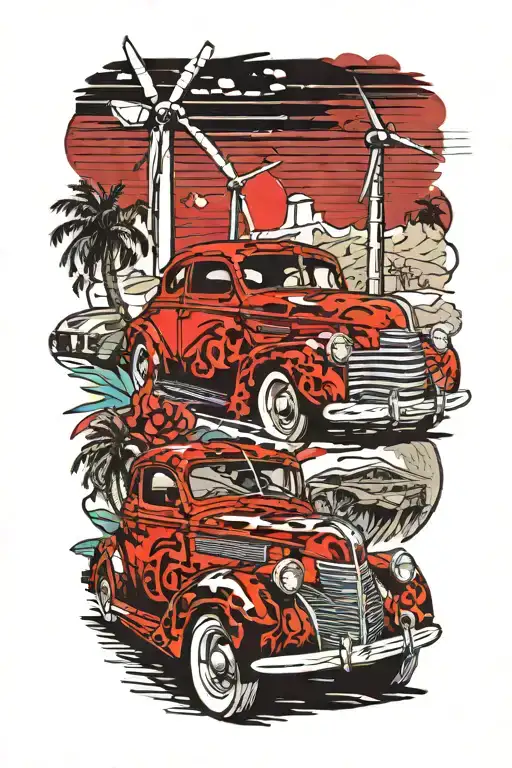 1937 Chevy coupe, windmills and palm trees. Palm Springs CA Skyline tattoo design idea