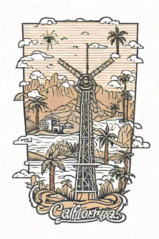 Palm Springs, California skyline with windmills and palm trees and California vibes tattoo design idea
