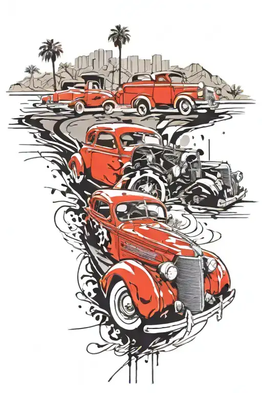 a 1937 Chevy coupe, Palm springs skyline tattoo design idea