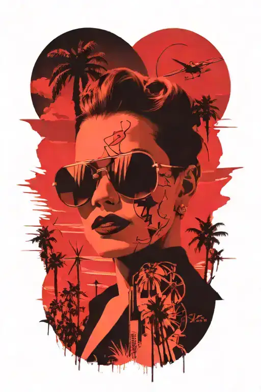 Palm Springs skyline, windmills, plane, palm trees, a 1937 Chevy coupe, woman's face wearing aviators  tattoo design idea