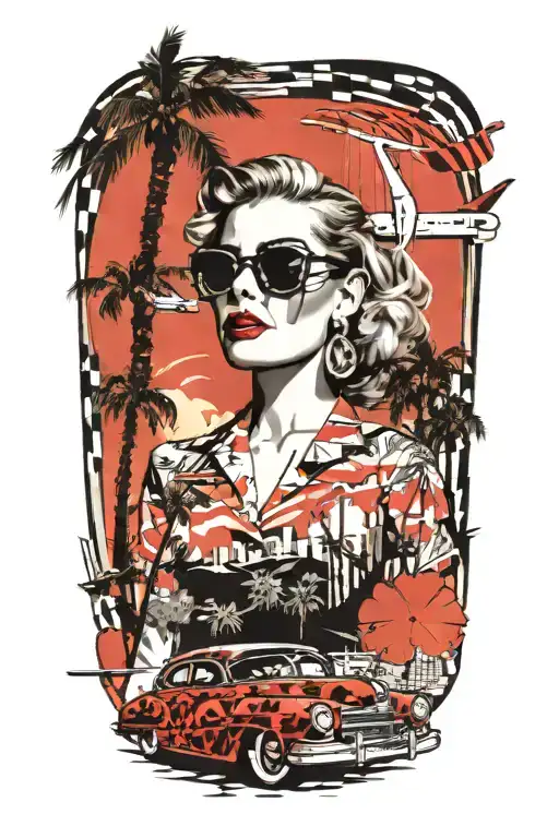 Palm Springs skyline, windmills, plane, palm trees, a 1937 Chevy coupe, woman's face wearing aviators  tattoo design idea