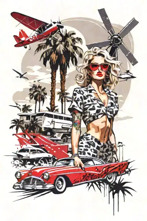 Palm Springs CA skyline with windmillls, palm trees, plane, a woman with aviators and wavy hair and a 1937 Chevy coupe tattoo design idea
