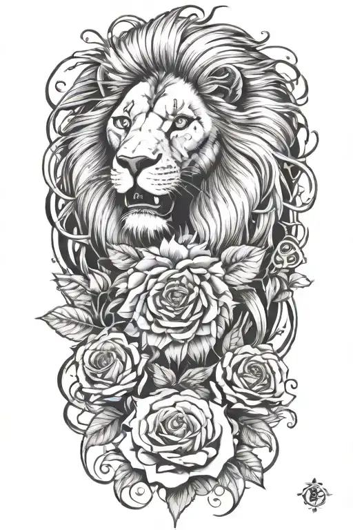 Tim Burton inspired tattoo sleeve that is mesmerizing that combines elements of fantasy a lion and roses  tattoo design idea