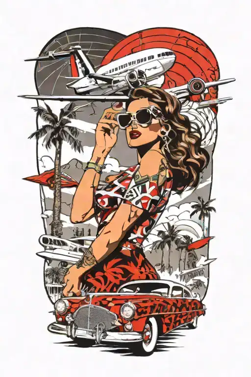Palm Springs CA skyline with windmillls, palm trees, plane, a woman with aviators and wavy hair and a 1937 Chevy coupe tattoo design idea