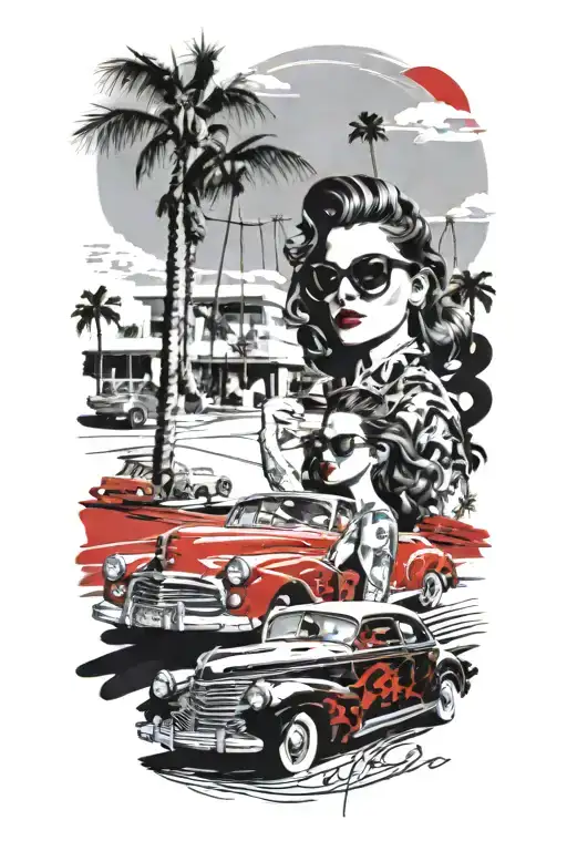 Palm Springs, CA skyline with windmills and palm trees, a 1937 Chevy coupe, beautiful woman with aviators and wavy hair tattoo design idea