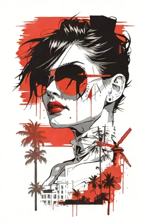 woman with aviator sunglasses, palm trees, windmills from Palm Springs CA and skyline tattoo design idea