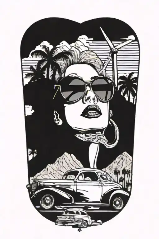 Palm Springs, CA skyline, windmills, plane, palm trees, a 1937 Chevy coupe, woman's face with aviators tattoo design idea
