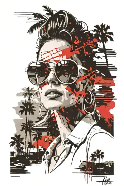 Palm springs ca  skyline. woman with aviators and wavy hair, palm trees tattoo design idea