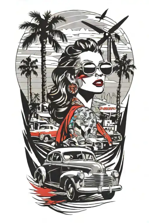 Palm Springs, California skyline with windmills and palm trees and a 1937 Chevy coupe with woman with aviators tattoo design idea