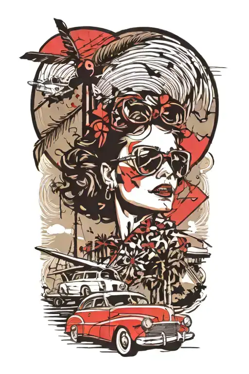 Palm Springs, CA skyline, windmills, plane, palm trees, a 1937 Chevy coupe, beautiful woman with aviators and wavy hair tattoo design idea