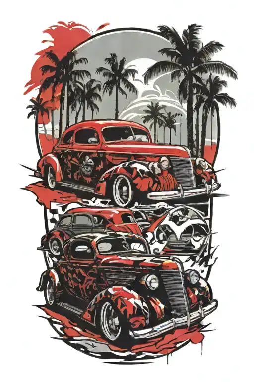 1937 Chevy coupe, windmills and palm trees. Palm Springs CA Skyline tattoo design idea
