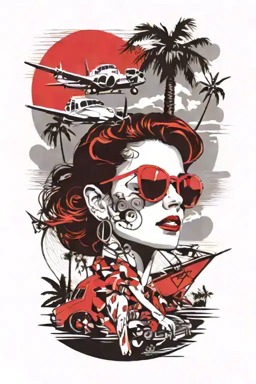 Palm Springs CA skyline with windmillls, palm trees, a plane, a woman with aviators and wavy hair and a 1937 Chevy coupe tattoo design idea