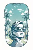 woman with aviator sunglasses, palm trees, windmills from Palm Springs CA and skyline tattoo design idea