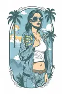woman with aviator sunglasses, palm trees, windmills from Palm Springs CA and skyline tattoo design idea