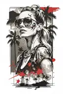 woman with aviator sunglasses, palm trees, windmills from Palm Springs CA and skyline tattoo design idea