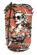 Palm Springs skyline, windmills, plane, palm trees, a 1937 Chevy coupe, woman's face wearing aviators  tattoo design idea